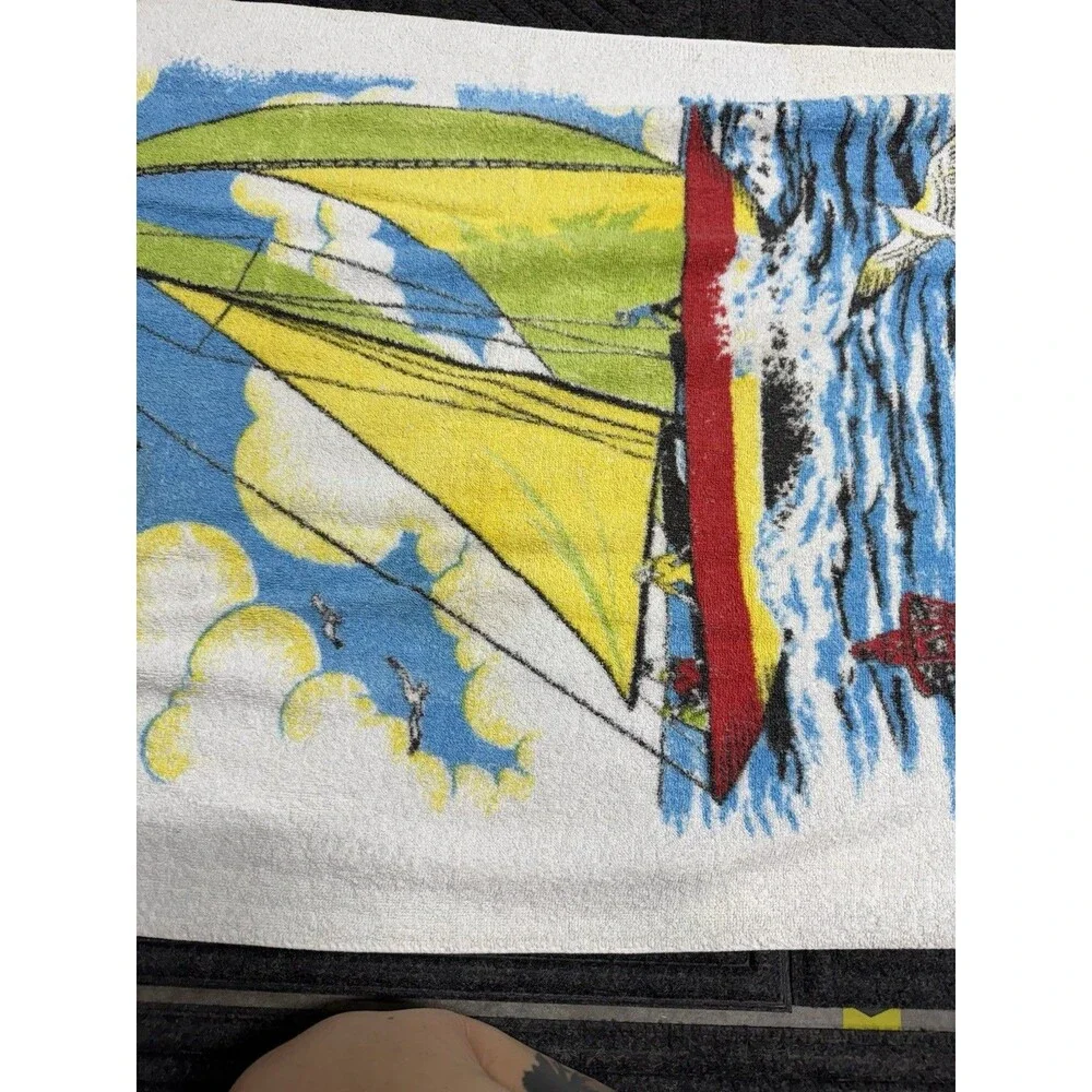 Vintage Sherry MFG Co. FLORIDA Beach Towel Sail Boat Water Bright Color STAINS